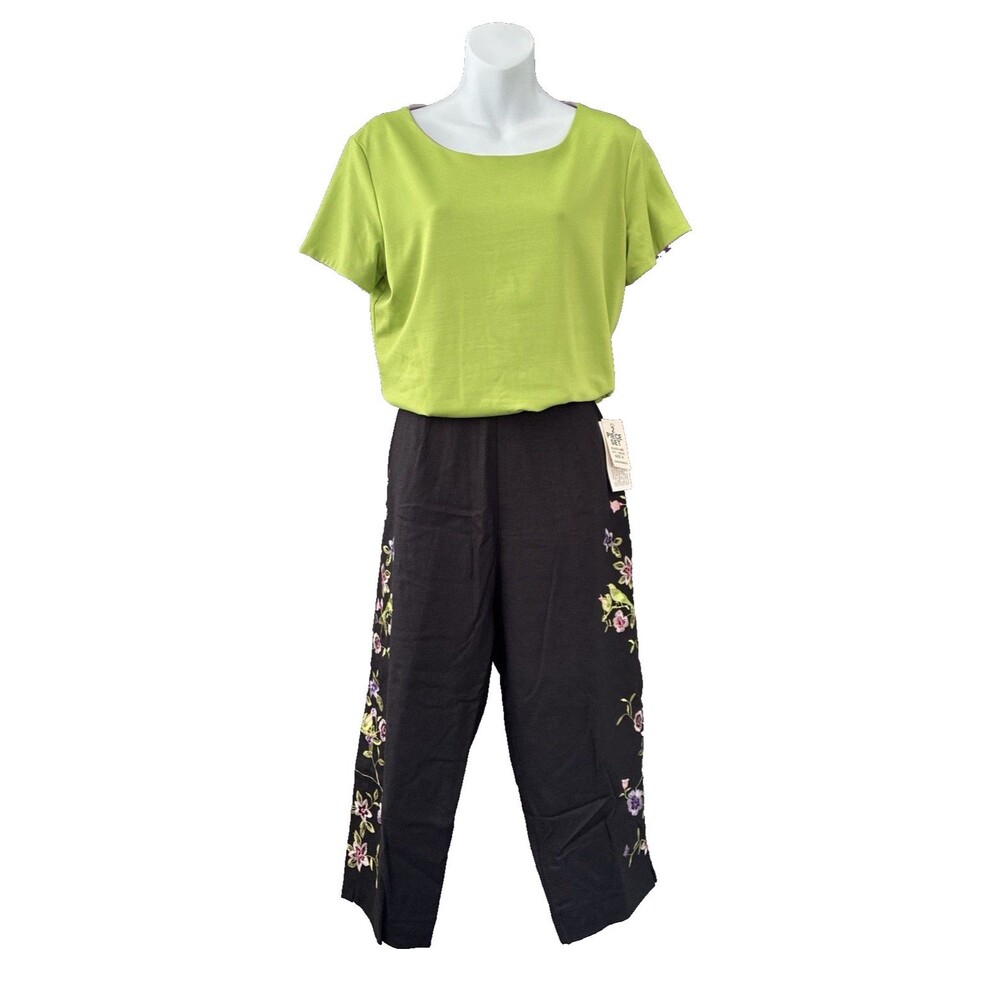 Vtg Embroidered Set Sz 8 Floral Linen Pants | Sz 12 Reversible Green Purple Top